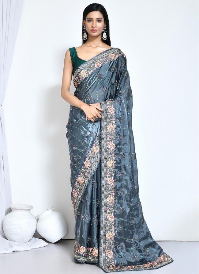 Satin Silk Teal Wedding Wear Embroidery Work Saree